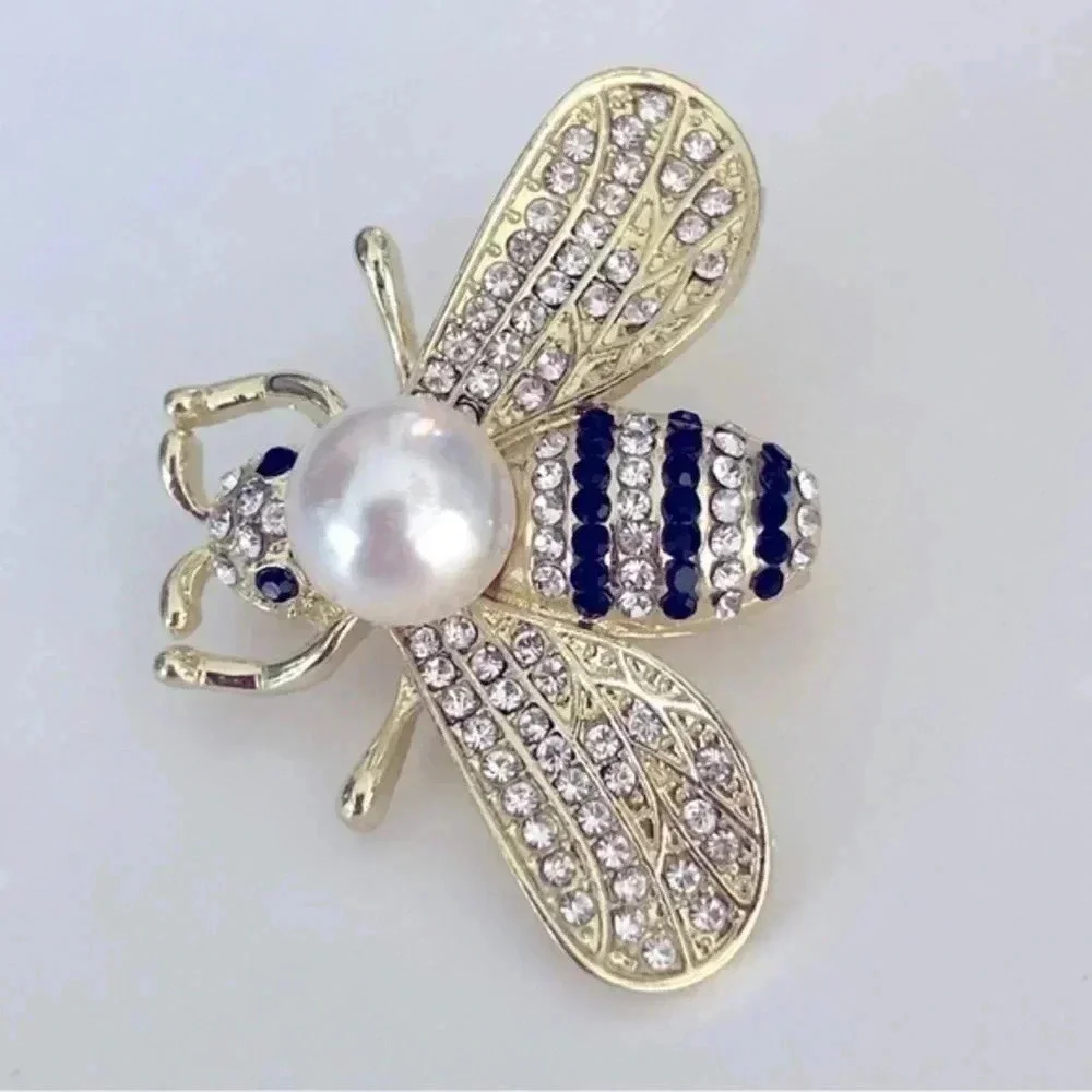 Bumblebee Bee Gold Tone Faux Pearl & Crystal Brooch Lapel Pin NWT